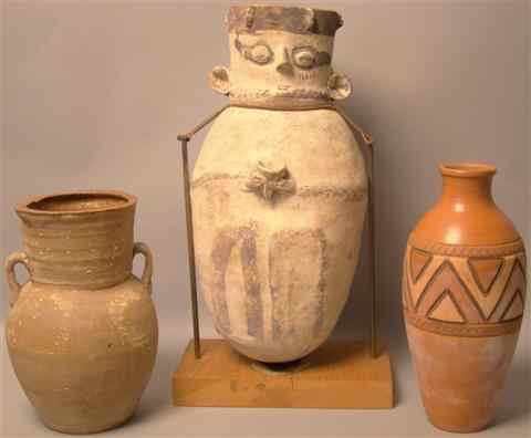 Appraisal: THREE POTTERY VASES INCLUDING LATER CHANCAY JAR the first a