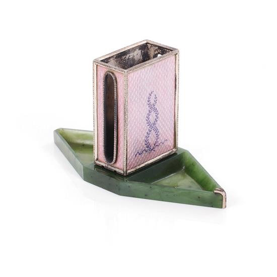 Appraisal: Russian enamel silver and jade matchbox holder possibly Henrik Wigstrom