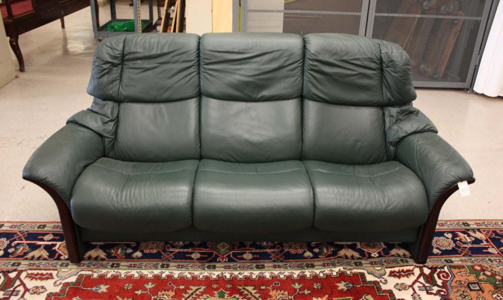 Appraisal: EKORNES NORWEGIAN MODERN GREEN LEATHER RECLINER SOFA Stressless Eldorado high