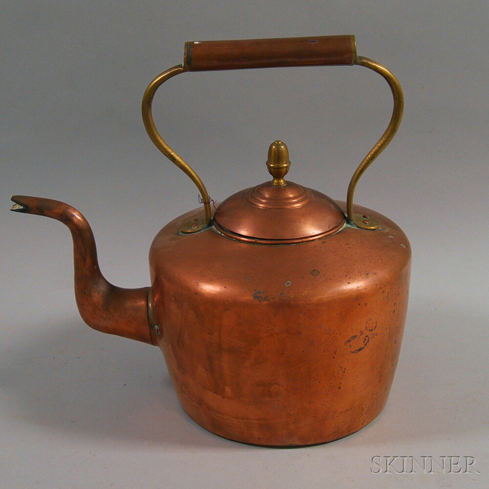 Appraisal: Large Copper Hearth Kettle with upright brass and copper handle