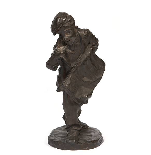 Appraisal: A Continental patinated bronze figure of a newsboy cast after