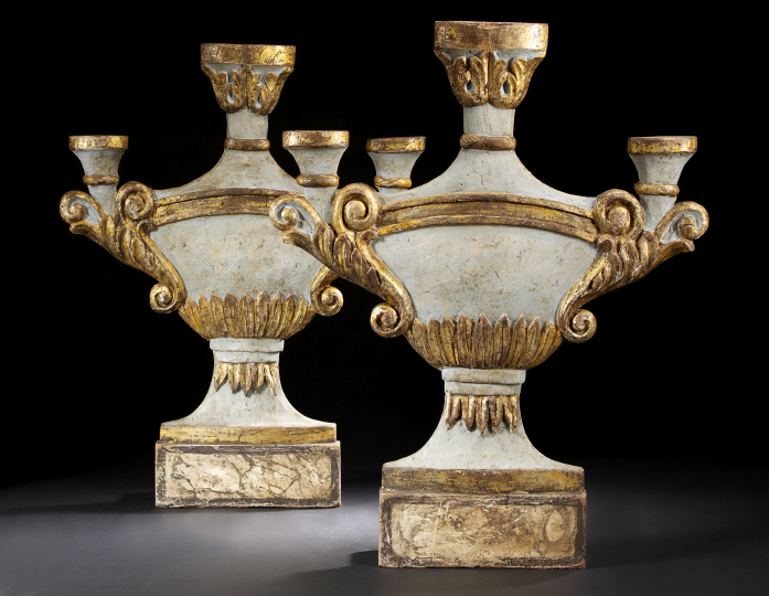 Appraisal: Monumental Pair of Italian Carved Faux-Marbred Painted and Parcel-Gilt Wood