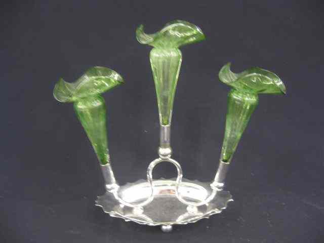 Appraisal: Silverplate Art Glass Epergne byPleasance Harper Bristol triple lily emerald