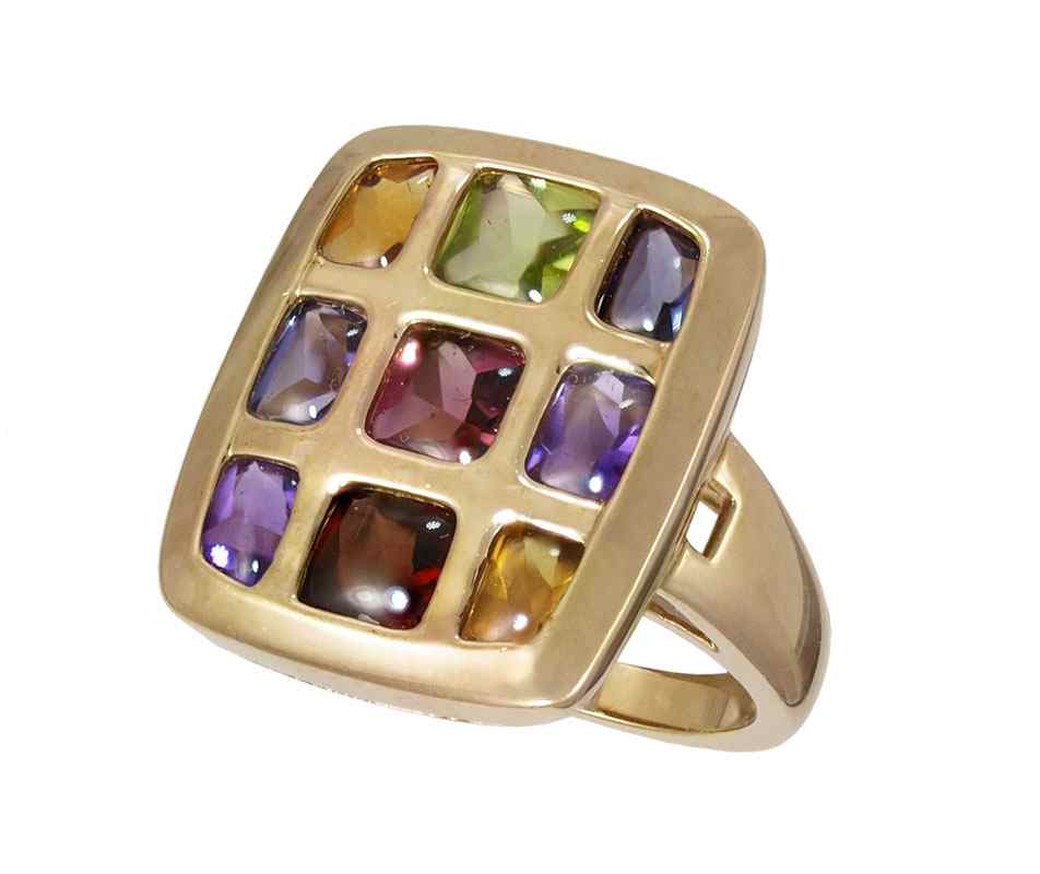 Appraisal: MIXED GEMSTONE RING K yellow gold ring contains nine mixed