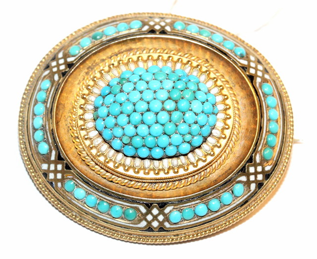 Appraisal: A VICTORIAN TURQUOISE AND ENAMEL OVAL BROOCH multi set central