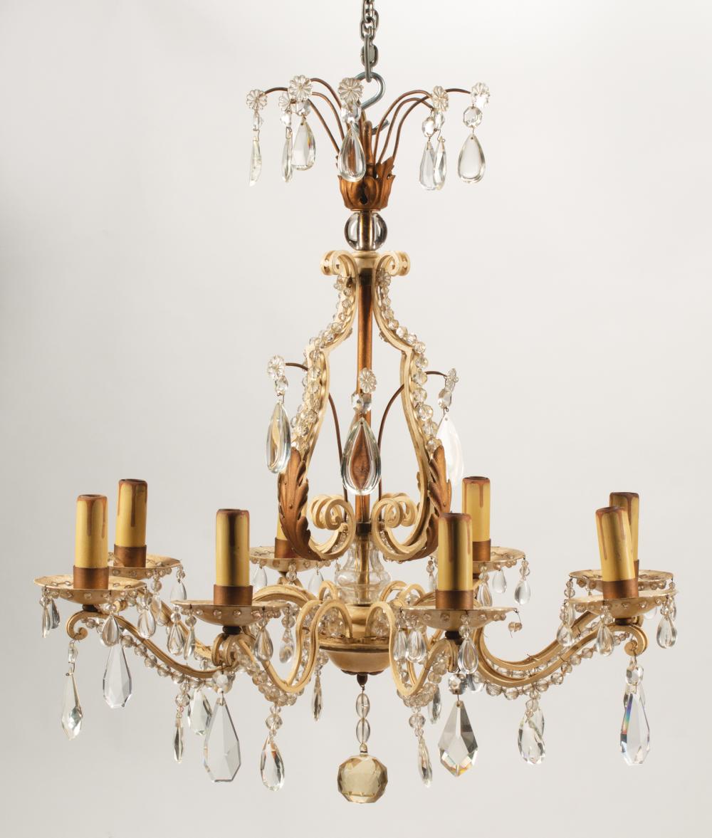 Appraisal: Pair of French Painted Iron Tole and Crystal Eight-Light Chandeliers