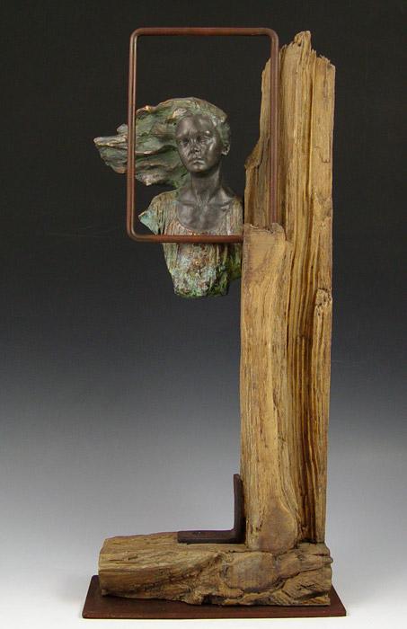 Appraisal: MIXED MEDIA SCULPTURE OF WOMAN ''La Ventana'' Mounted with metal