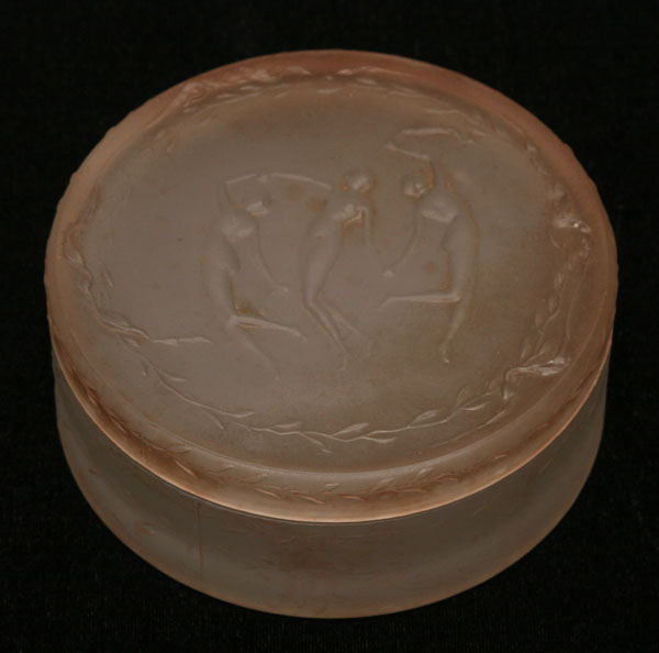 Appraisal: R Lalique Trois Figurines frosted glass powder box with sepia