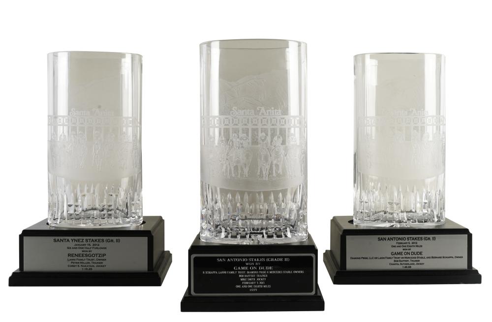 Appraisal: THREE WATERFORD CRYSTAL SANTA ANITA TROPHY VASESeach marked each engraved