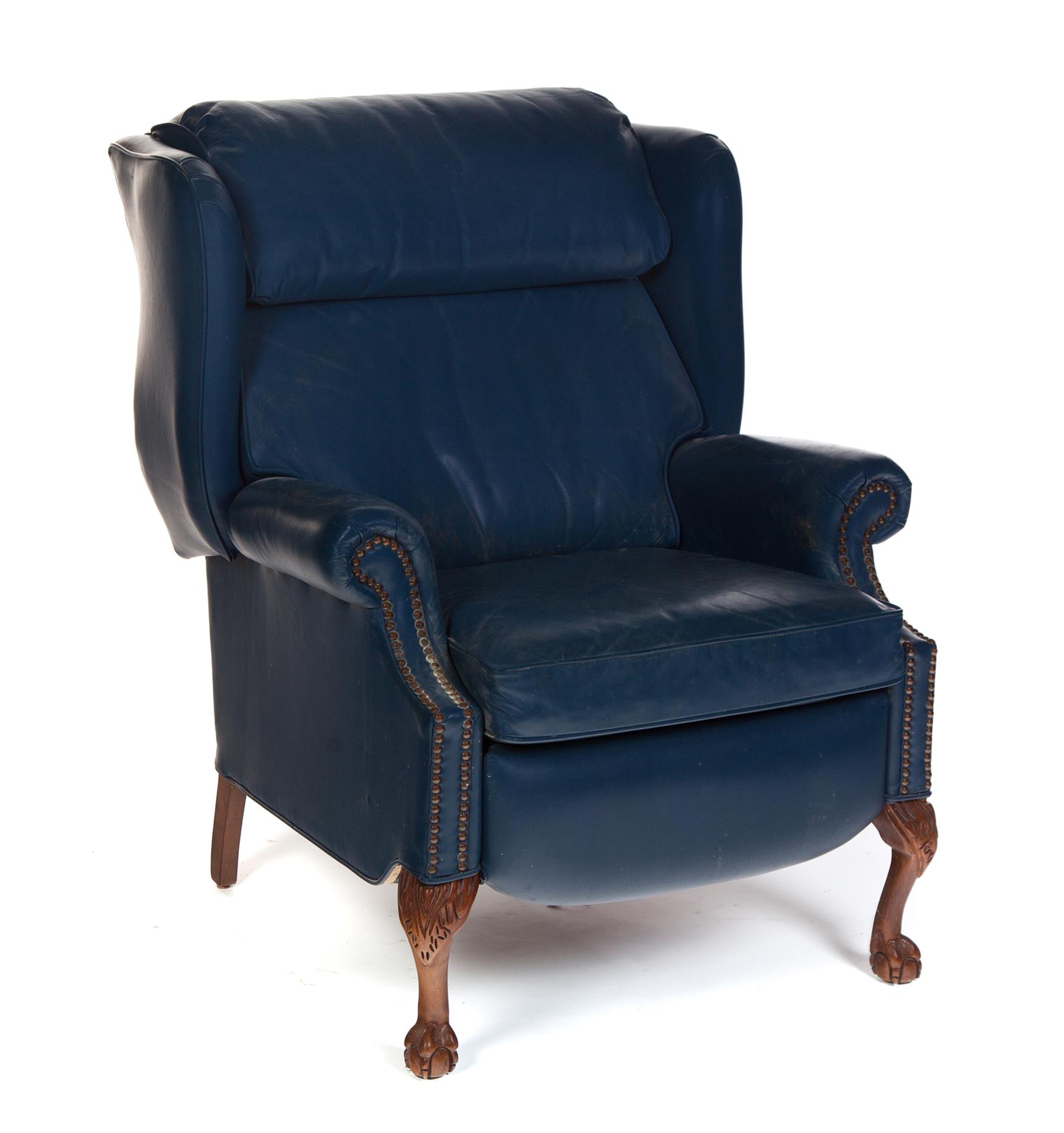 Appraisal: AMERICAN LEATHER CHIPPENDALE-STYLE RECLINER Late th century Blue leather reclining