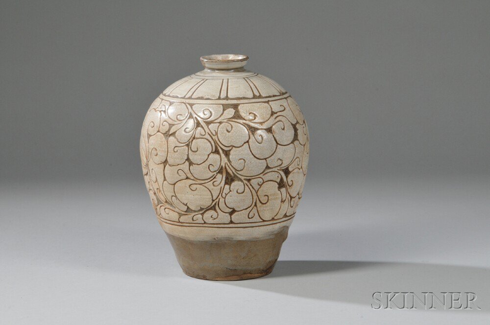 Appraisal: Beige-glazed Pottery Vase China or possibly Korea meiping form the