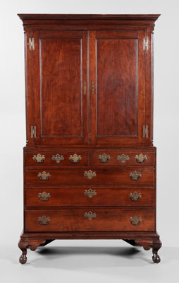 Appraisal: Signed Chippendale Cherry Linen Press Massachusetts late th century two-case