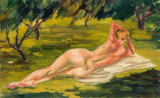 Appraisal: DMITRY KRAPIVNY RUSSIAN - Reclining Nude en plein air oil