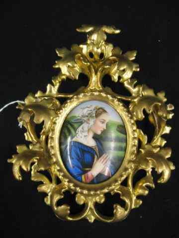 Appraisal: Miniature Painting on Porcelain of Younggirl praying elaborate Italian carved