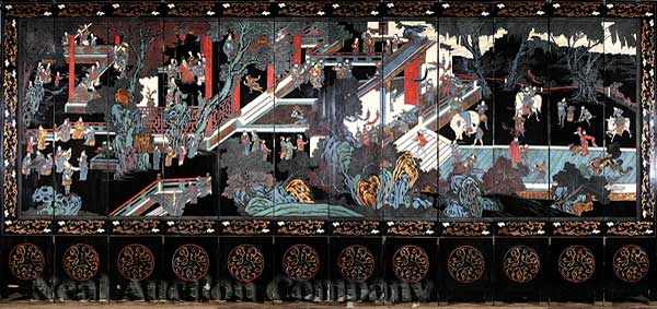 Appraisal: A Monumental Chinese Carved Lacquered Polychrome and Gilt-Decorated Twelve Panel