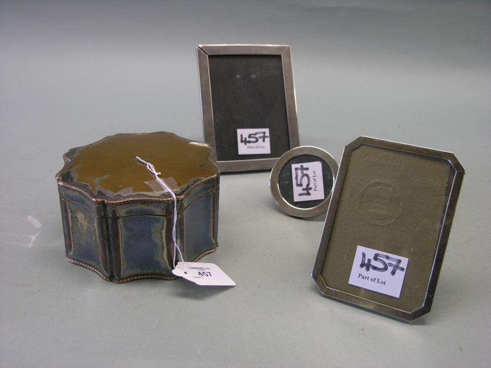 Appraisal: Three silver photograph frames and an old Sheffield plate box