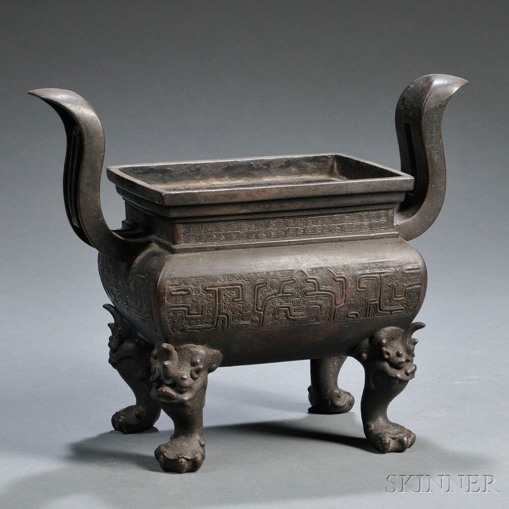 Appraisal: Archaic-style Bronze Censer China rectangular body supported by four legs