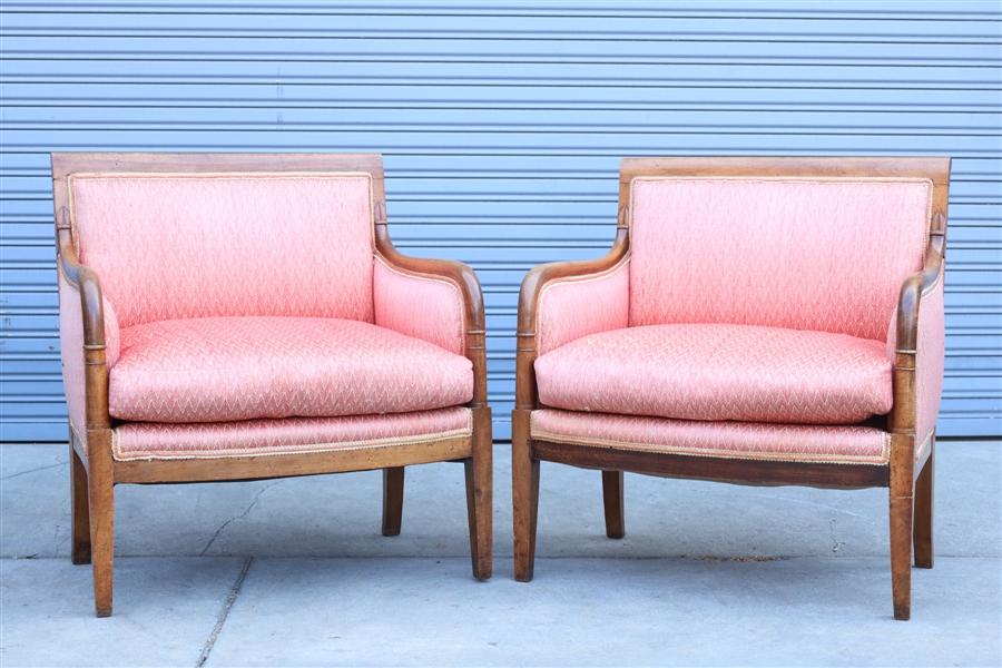 Appraisal: Pair of upholstered wood armchairs as-is condition numerous stains flaws