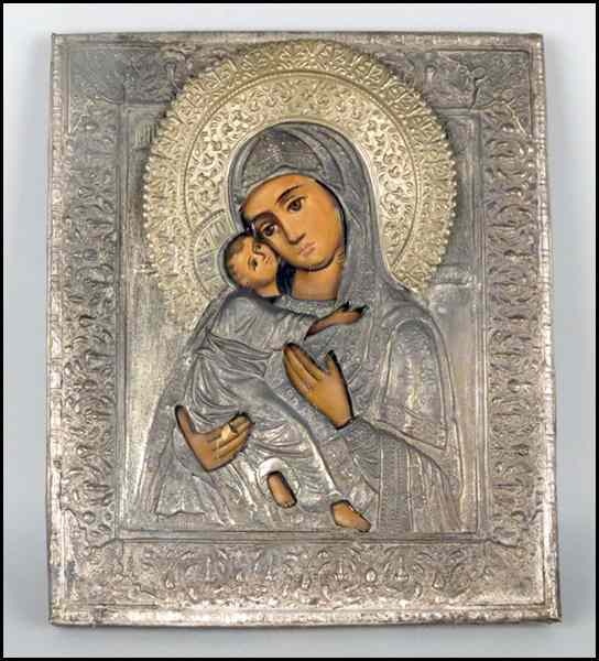 Appraisal: TH CENTURY RUSSIAN ICON OF OUR LADY IN HAMMERED TIN