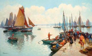 Appraisal: SIGNED FRENCH OIL PAINTING EUGENE DEMESTER French b Boats on