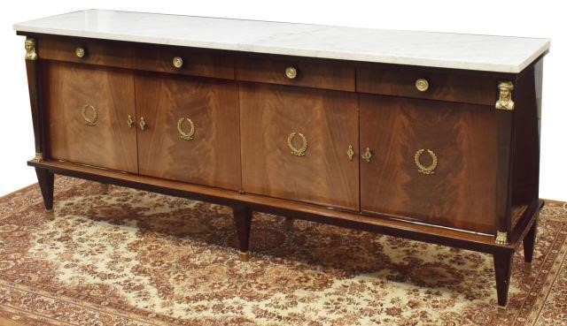 Appraisal: French Louis XVI style marble-top mahogany sideboard NF Meuble mid