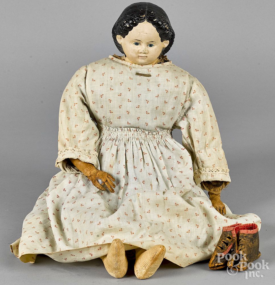 Appraisal: Greiner papier-m ch molded hair doll Greiner papier-m ch molded