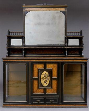 Appraisal: ENGLISH AESTHETIC MOVEMENT BURL AND PAINT-DECORATED EBONIZED SIDEBOARD The superstructure