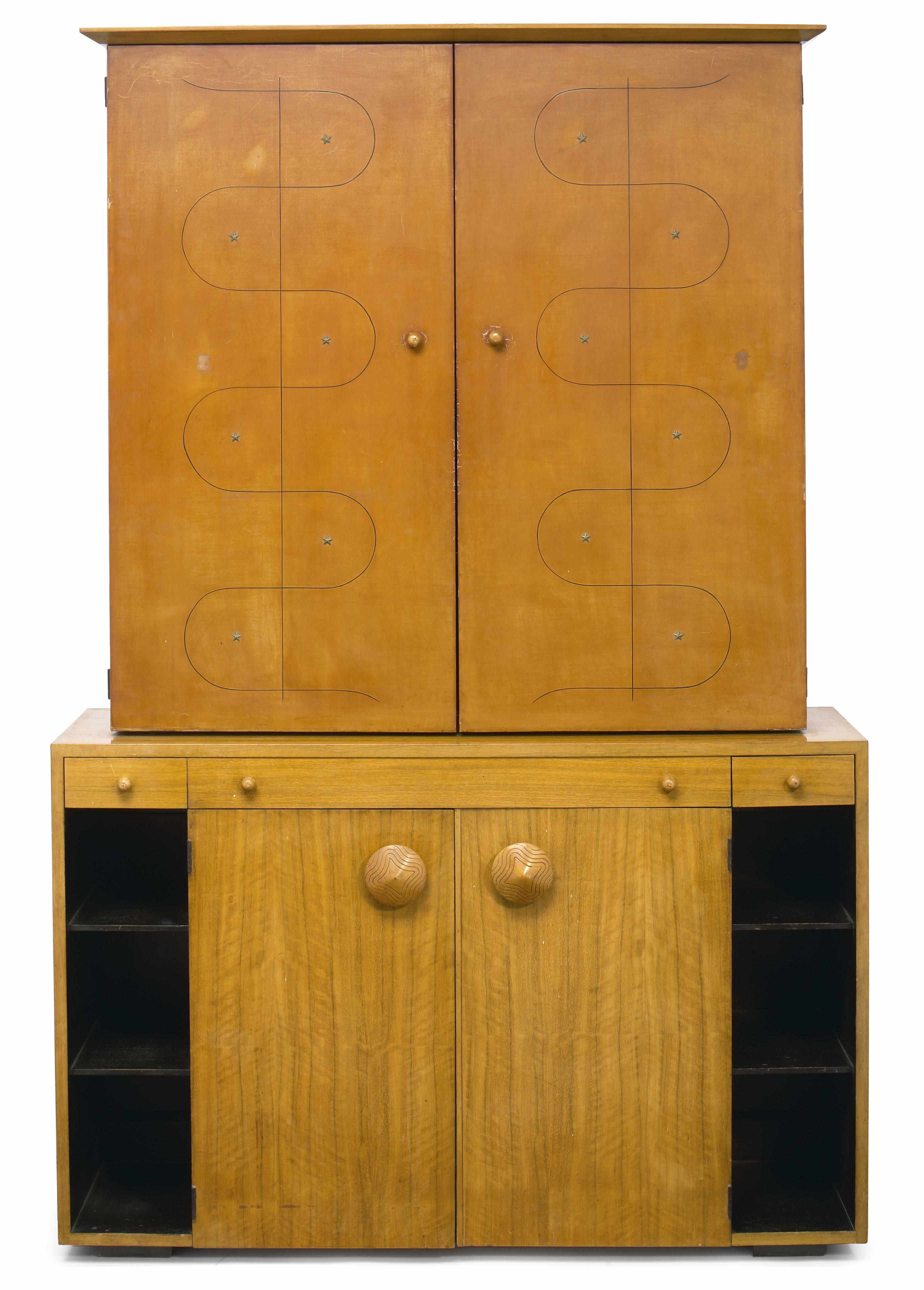 Appraisal: A rare Gilbert Rohde Paldao wood and faux leather cabinet