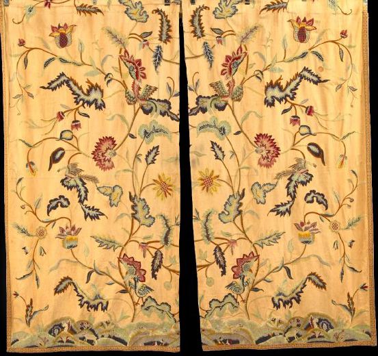 Appraisal: Pair of English Linen and Crewelwork Portiere Panels ca in