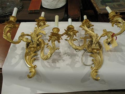 Appraisal: PAIR LOUIS XV STYLE GILT BRONZE WALL SCONCES Late th