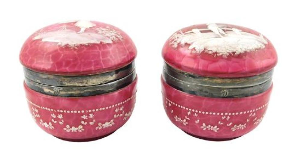 Appraisal: Pair of hand-painted Mary Gregory type enameled glass covered powder