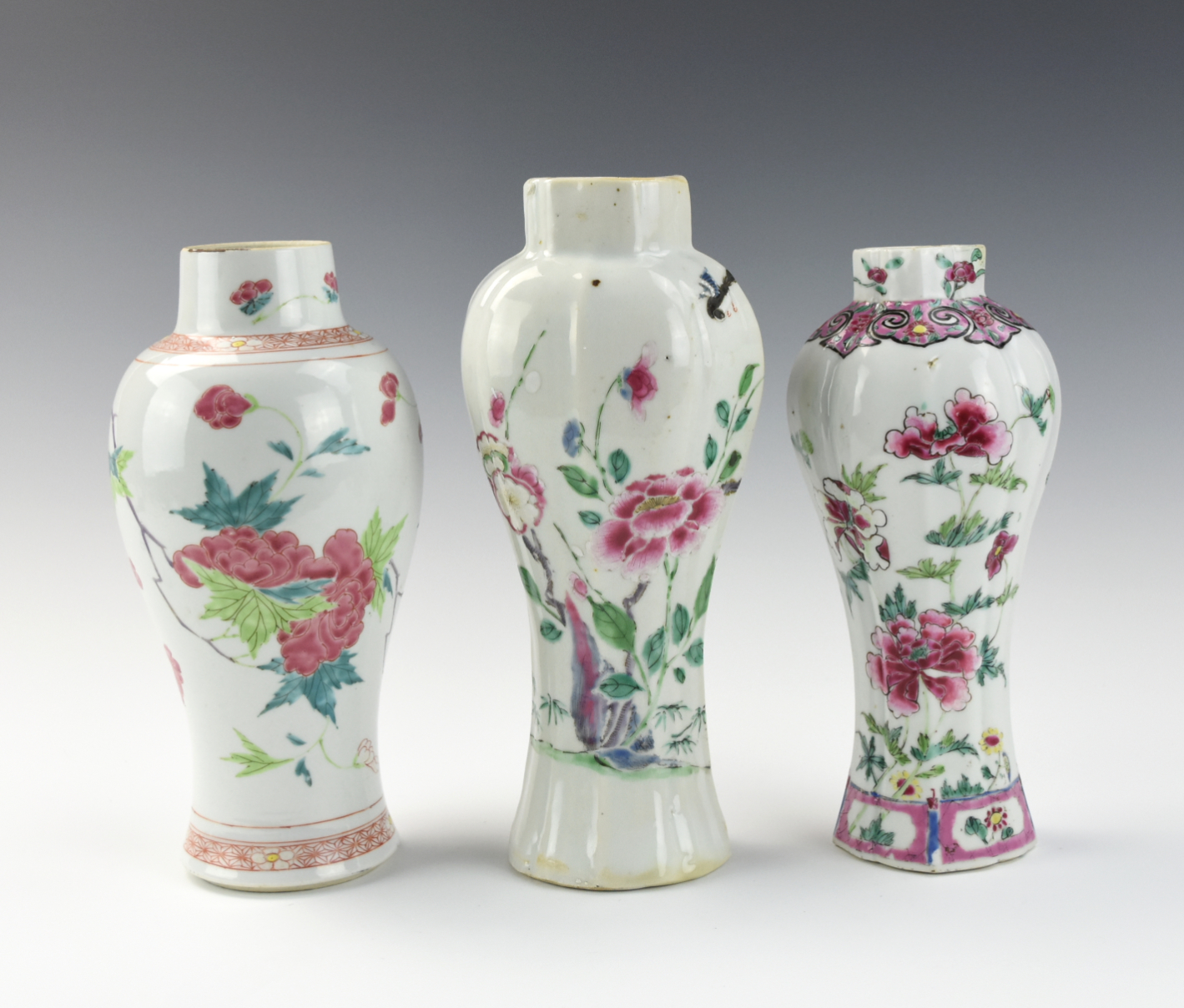 Appraisal: THREE CHINESE EXPORT FAMILLE ROSE VASES TH C Chinese th