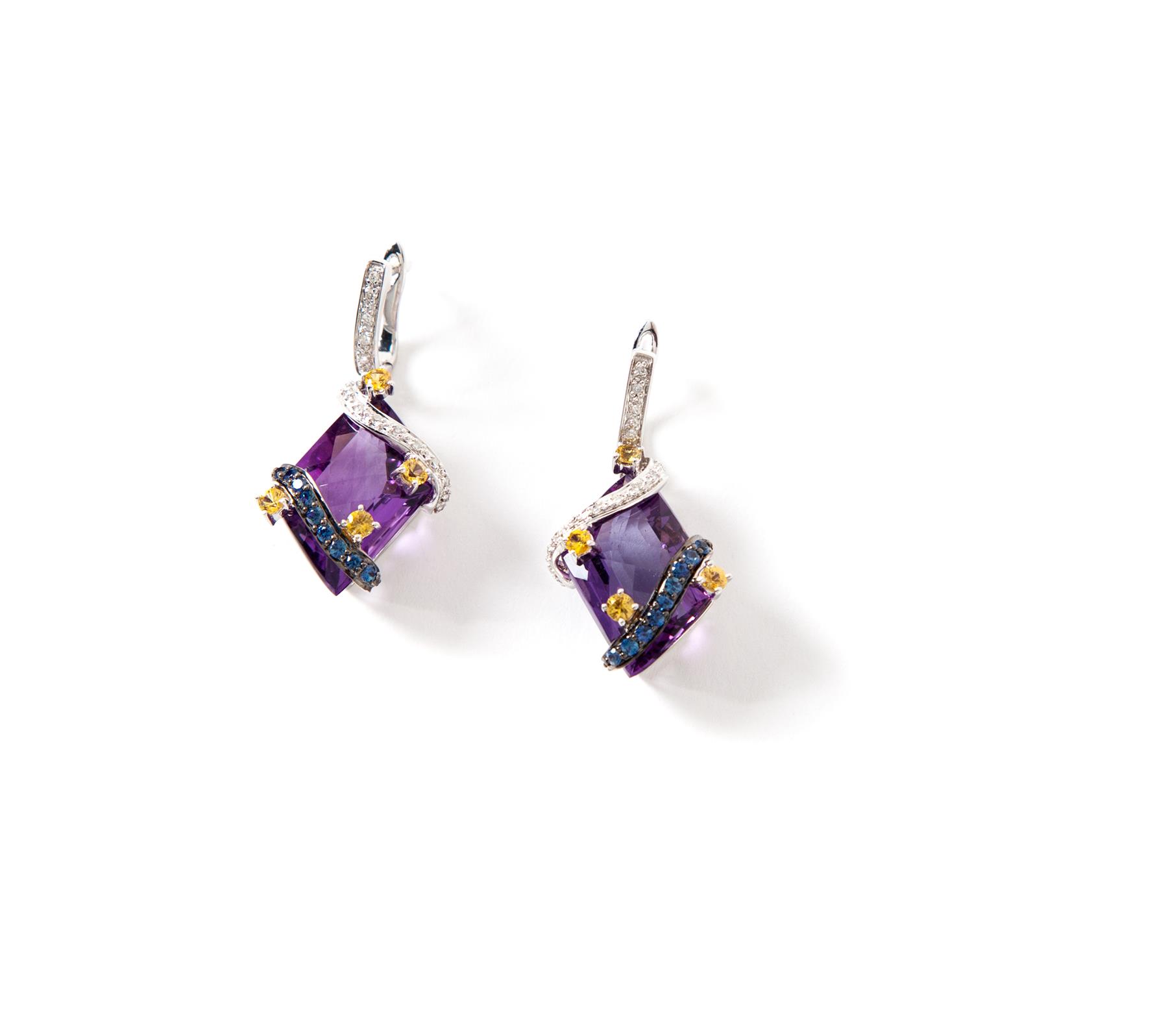 Appraisal: WHITE GOLD AND FANCY CUT AMETHYST EARRINGS American st century