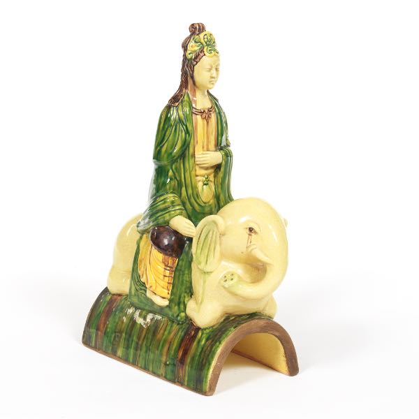 Appraisal: ITALIAN CHINOISERIE SANCAI GLAZED GUANYIN ON WHITE ELEPHANT ROOF TILE