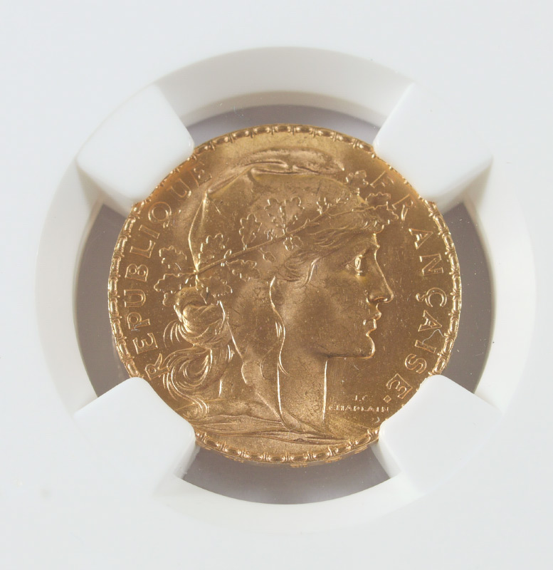 Appraisal: GOLD FRANCS ROOSTER NGC MS Slabbed and graded MS by