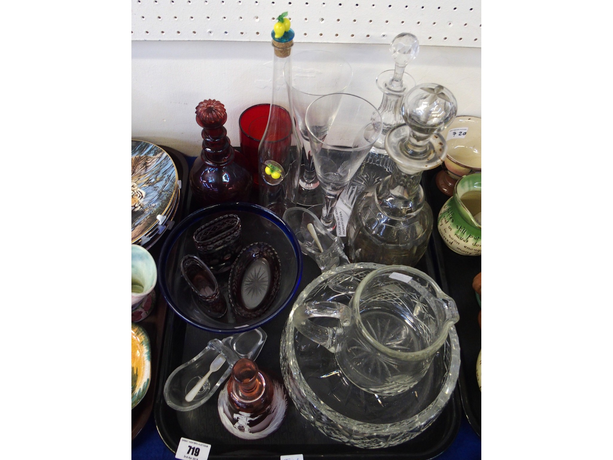 Appraisal: Mary Gregory style bell ruby liqueur decanter and assorted other