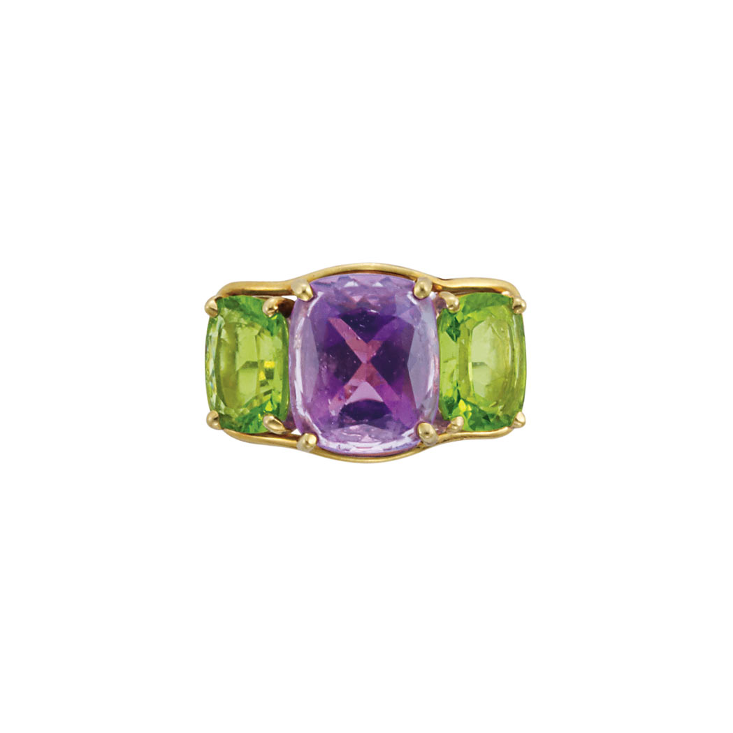 Appraisal: Gold Amethyst and Peridot Ring kt one cushion-cut amethyst ap