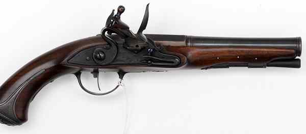 Appraisal: Reproduction Flintlock Pistol cal iron hardware no maker mark walnut