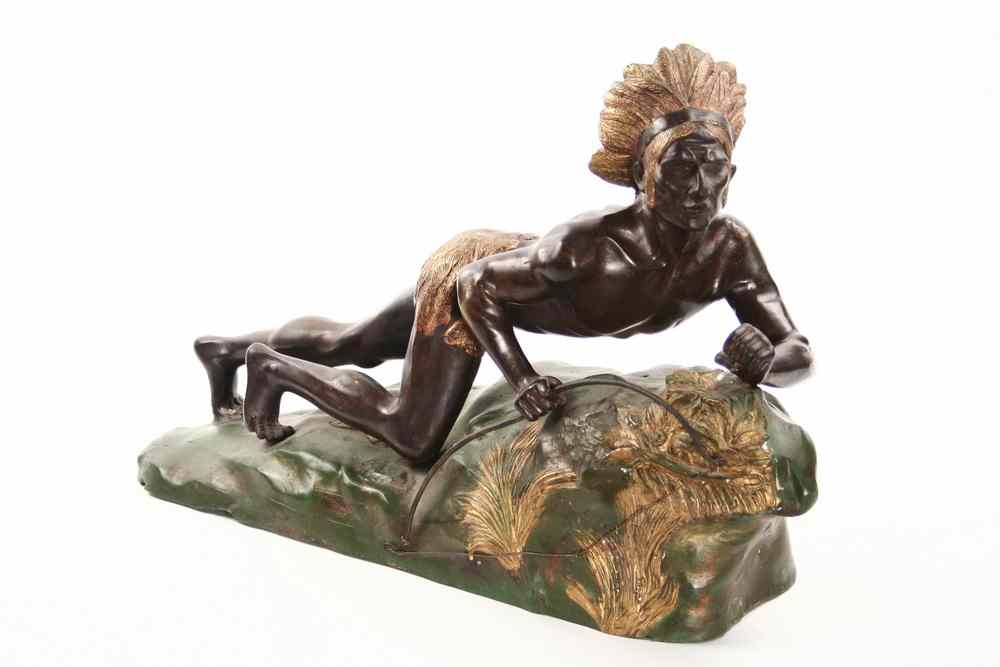 Appraisal: BRONZE STATUE - Painted Hollowcast Bronze Figure of Crawling Indian