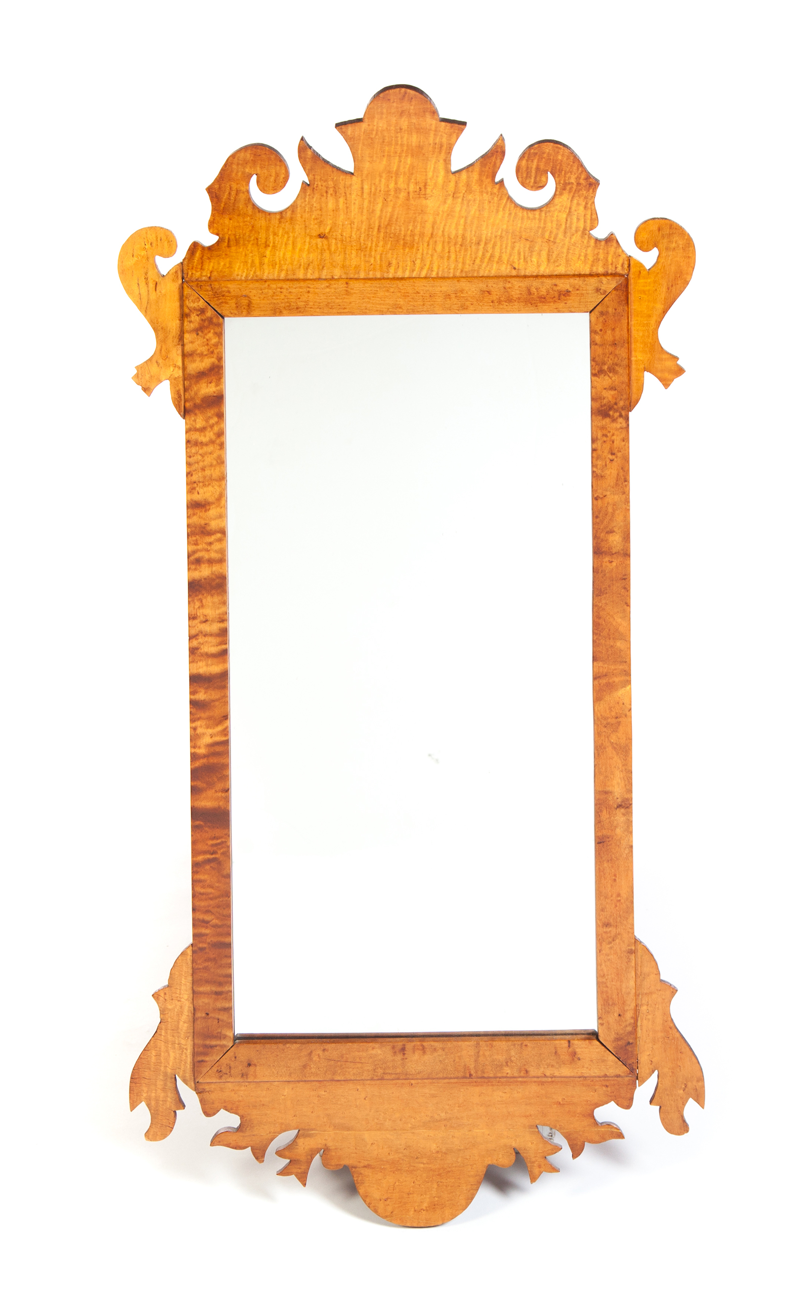 Appraisal: CHIPPENDALE-STYLE TIGER MAPLE MIRROR American mid th century Nice scroll