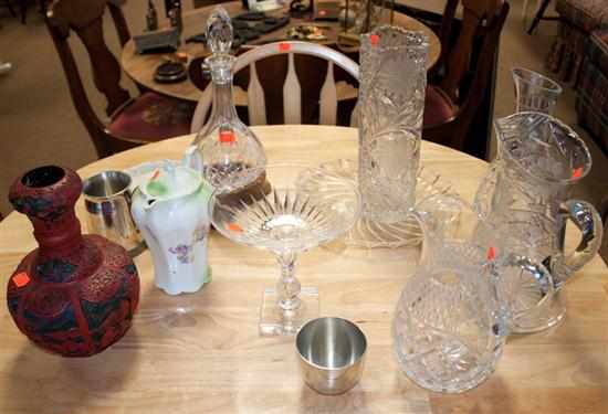 Appraisal: Assorted pressed and cut glass pitchers and decanters cinnabar vase