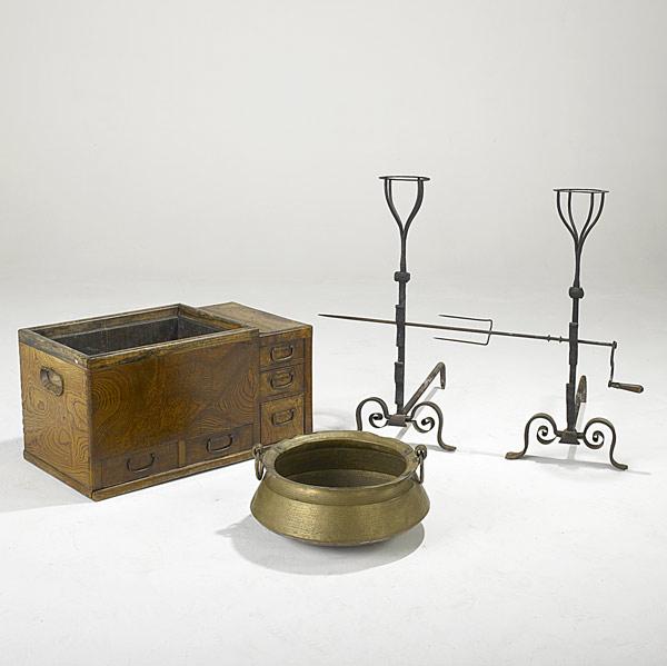 Appraisal: MISCELLANEOUS GROUPING Pair of andirons with wrought iron spit brass