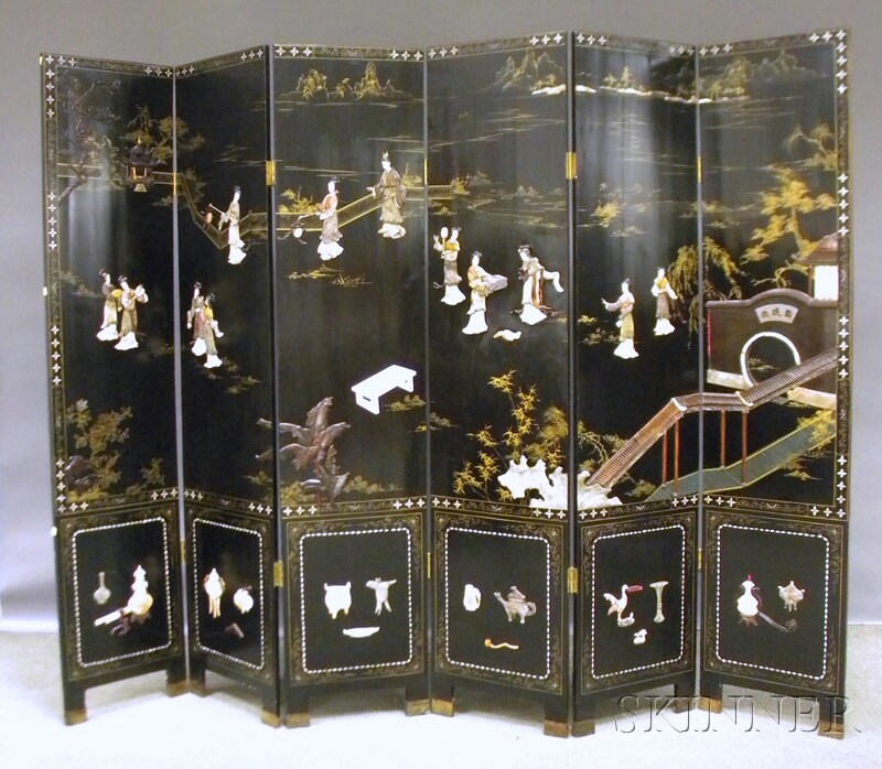 Appraisal: Asian Export Gilt and Carved Hardstone Scenic-decorated Black Lacquer Six-panel