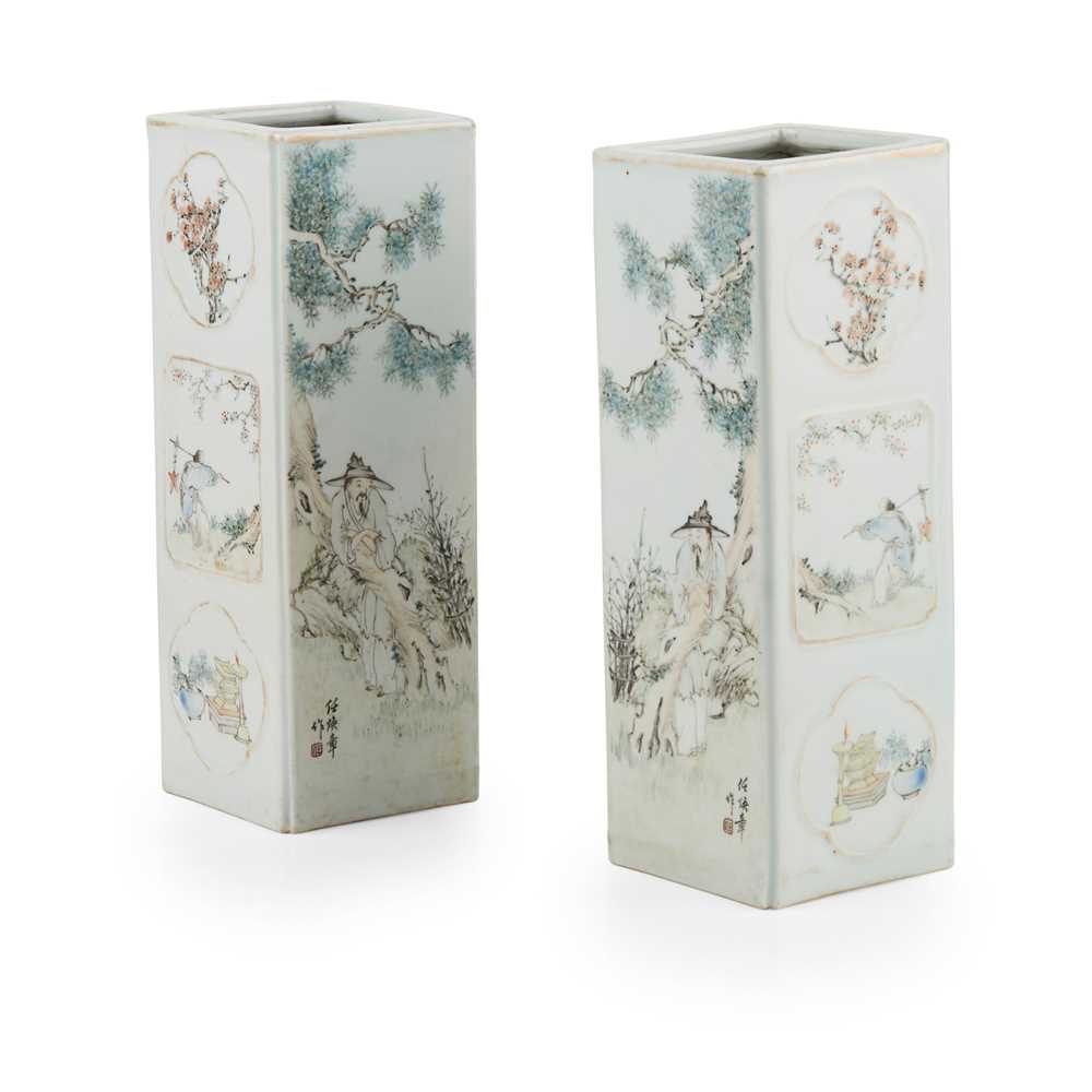 Appraisal: PAIR OF QIANJIANG ENAMELLED FOUR-SECTION VASES painted in mirror-image with