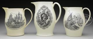 Appraisal: GROUP OF THREE NAUTICAL MOTIF LIVERPOOL JUGS Features a transfer