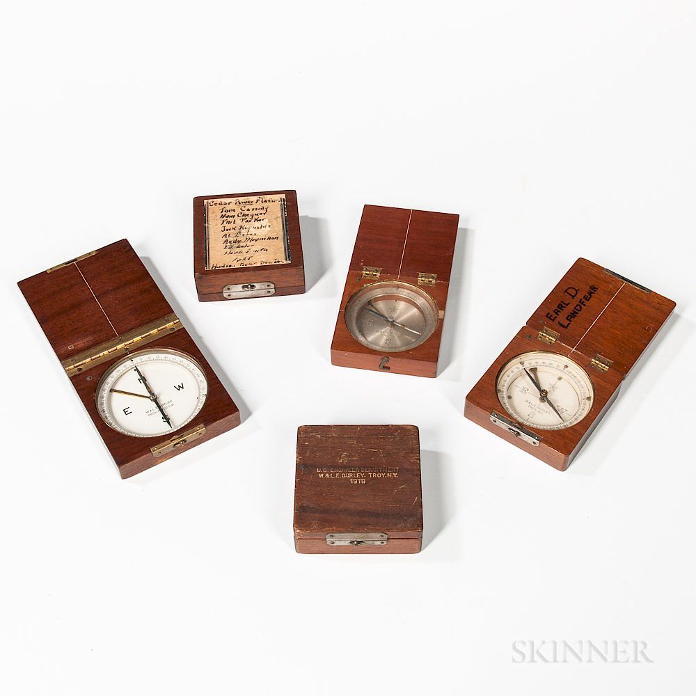 Appraisal: Five W L E Gurley Wood-cased Pocket Compasses Five W