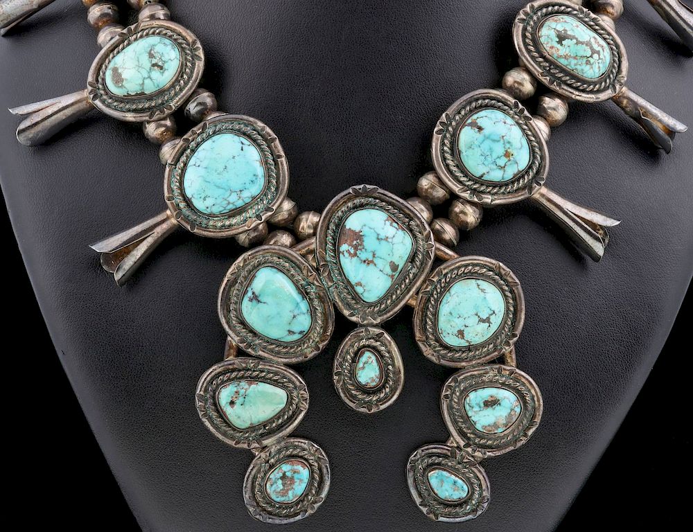 Appraisal: A STERLING SQUASH BLOSSOM NECKLACE W TURQUOISE A nice large