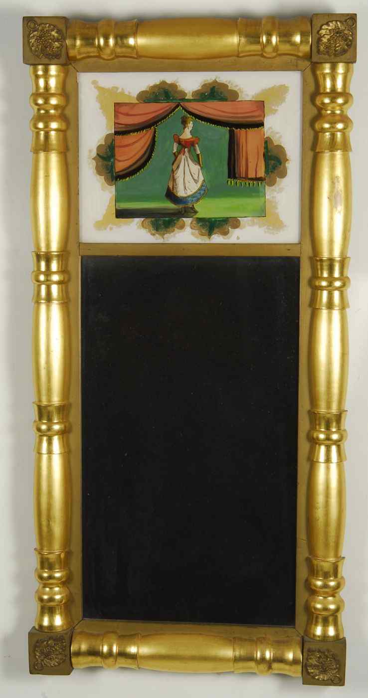 Appraisal: ANTIQUE SHERATON TABERNACLE MIRROREarly th CenturyReverse-painted glass upper tablet depicting