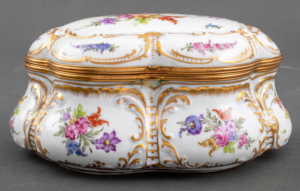 Appraisal: DRESDEN PORCELAIN MANNER TABLE CASKET Dresden porcelain manner table casket