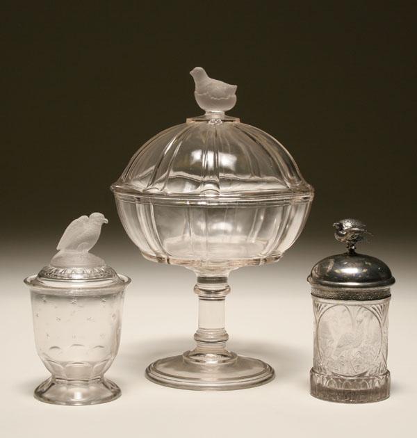 Appraisal: Pressed glass items tall covered compote with bird finial bird